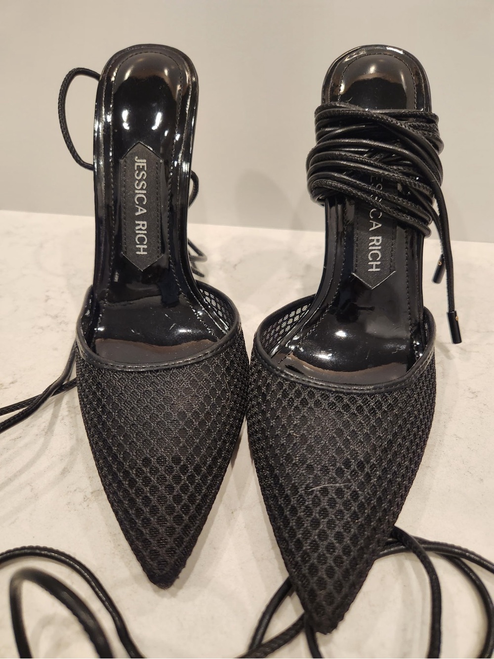 Jessica Rich Black Mesh Stiletto Pointed Lace-Up Women's Heels